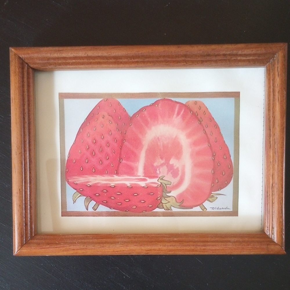 Strawberry Art Print by Richards, Brown Wood 5 x 7 Frame w/ Glass. Red & Green